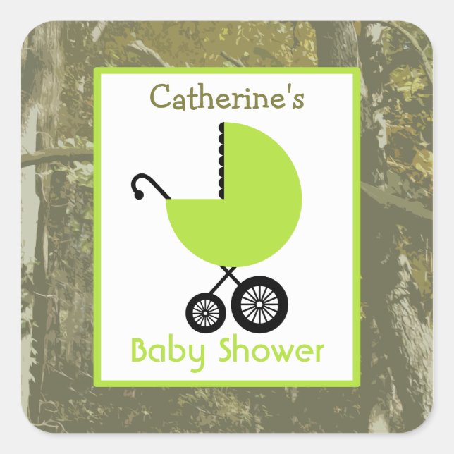 Baby Shower Green Carriage & Camouflage Square Sticker (Front)