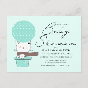 BABY SHOWER   Green Cat  Balloon Postcard