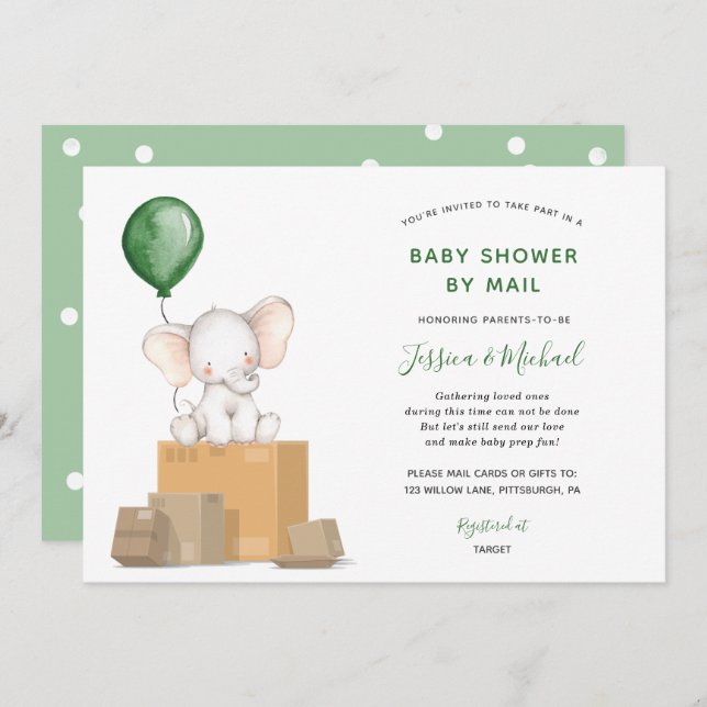 Baby shower Green Elephant par invitation par cour (Devant / Derrière)