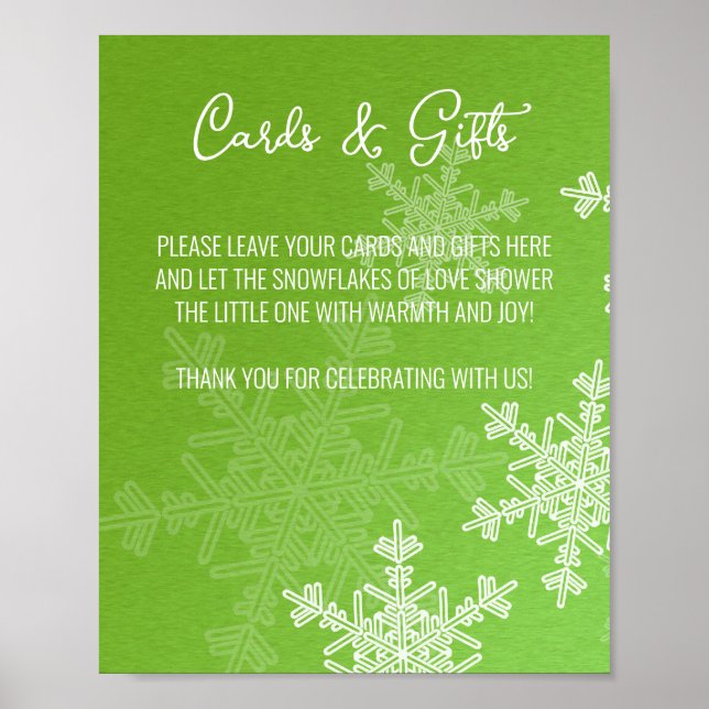 Baby Shower Green Snowflakes Cards and Gifts Sign (Front)