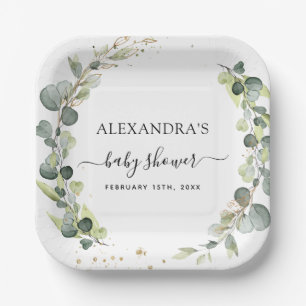 Baby Shower Greenery Elegant Watercolor Bohemian Paper Plate