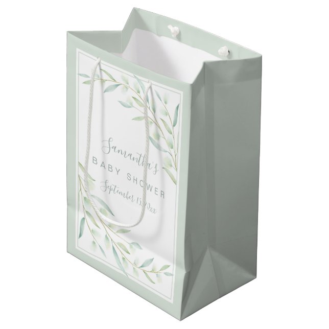 Baby Shower Greenery Elegant Watercolor Foliage Medium Gift Bag (Front Angled)
