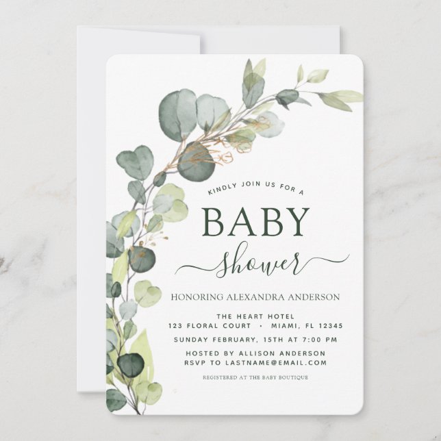Baby Shower Greenery Eucalyptus Succulent Elegant Invitation (Front)
