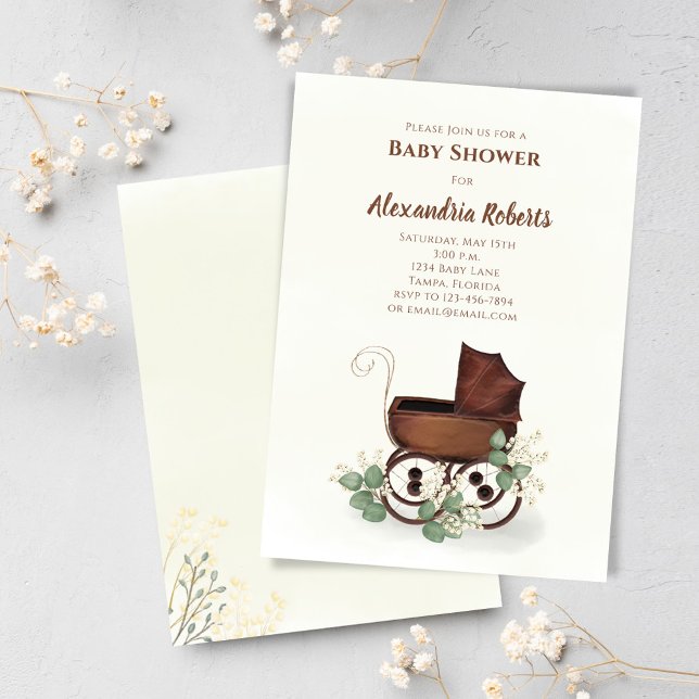 Baby Shower Greenery Vintage Carriage Invitation (Vintage style baby shower gender neutral invitations. )