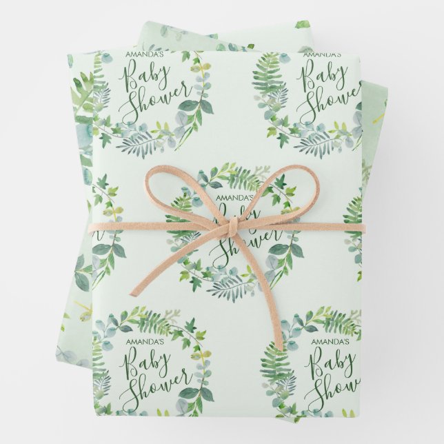 Baby Shower Greenery Wreath Personalized Wrapping Paper Sheet (In situ)