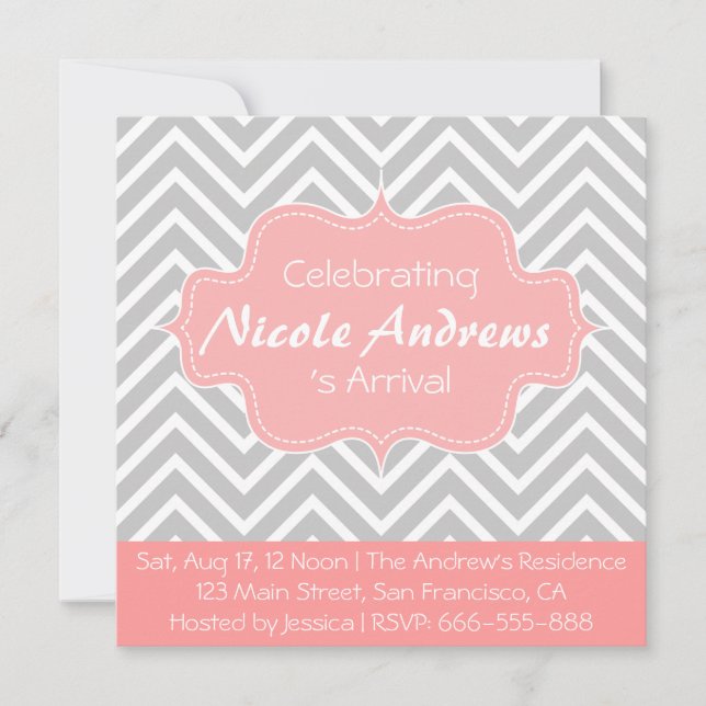 Baby Shower: Grey and White Chevron Pattern Invitation (Front)