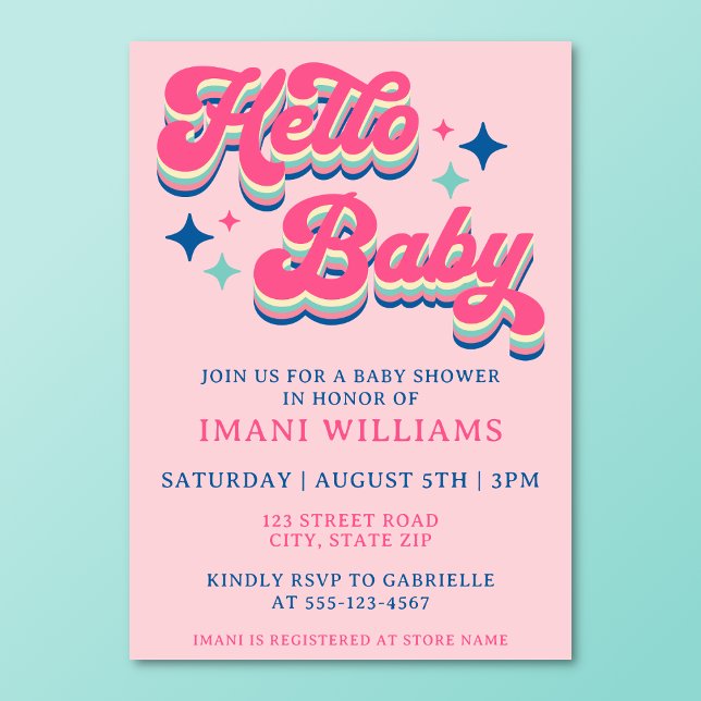 Baby Shower Groovy Retro Typography Pink Invitation (Retro groovy pink baby shower invitation on a turquoise background.)