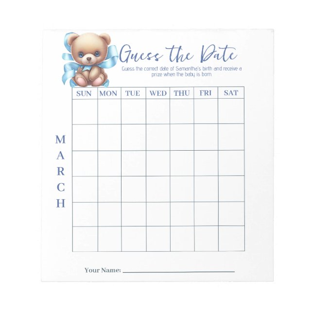 Baby Shower Guess the Date Game Activity Notepad (Front)