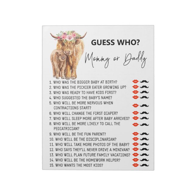 Baby Shower Guess Who Game Highland cow  Notepad (Rotated)