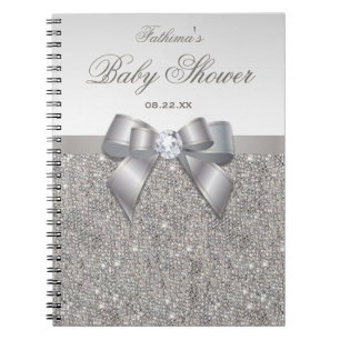 Baby Shower Guestbook Faux Silver Sequins and Bow Notebook