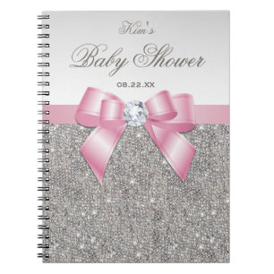 Baby Shower Guestbook Faux Silver Sequins Pink Bow Notebook