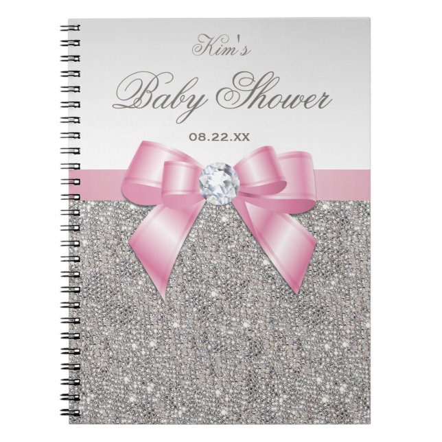 Baby Shower Guestbook Faux Silver Sequins Pink Bow Notebook (Front)