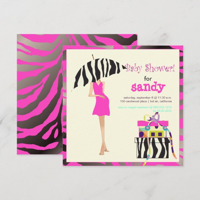 BABY SHOWER HIP MAMA, SILVER PINK ZEBRA INVITATION (Devant / Derrière)