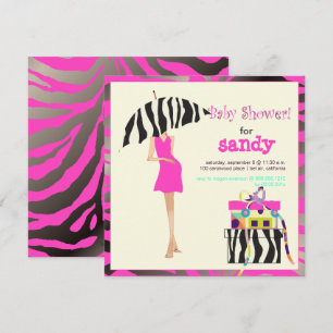 BABY SHOWER HIP MAMA, SILVER PINK ZEBRA INVITATION
