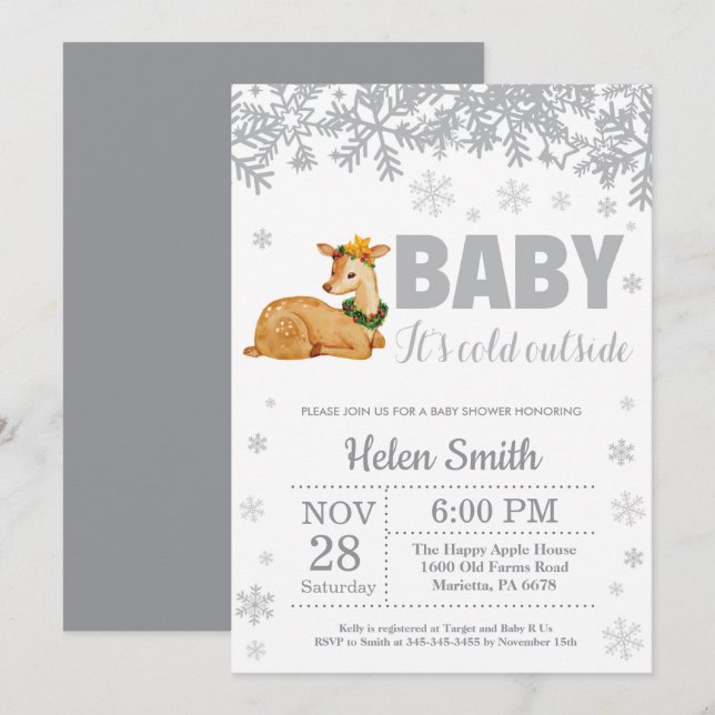 Baby shower hivernal de cerfs Invitation de flocon (Devant / Derrière)