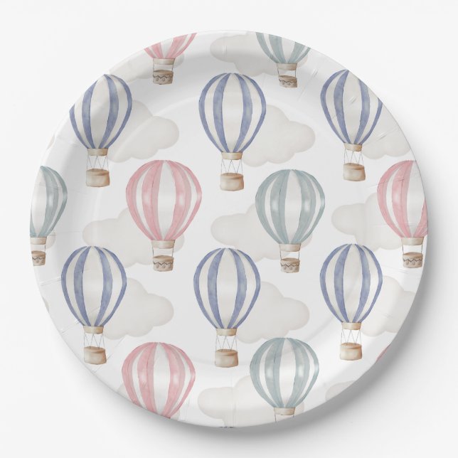 Baby Shower Hot Air Balloons Gender Neutral Paper Plate (Front)