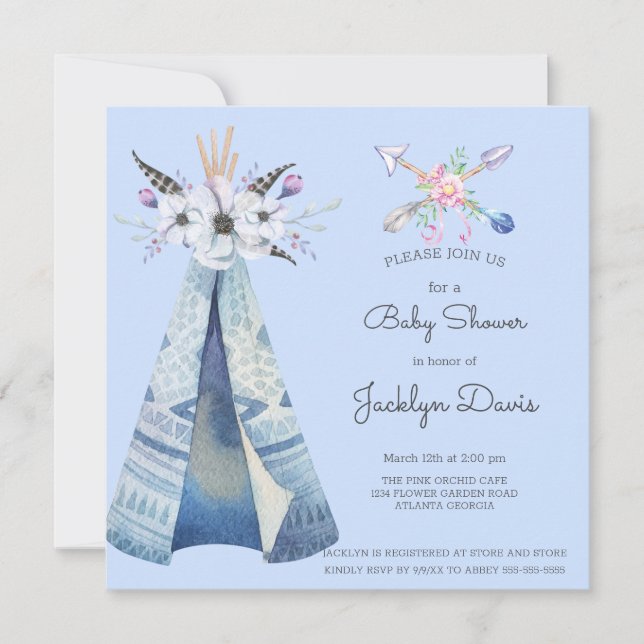 Baby Shower Indian Teepee Feathers Flowers Blue   Invitation (Front)