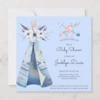 Baby Shower Indian Teepee Feathers Flowers Blue  
