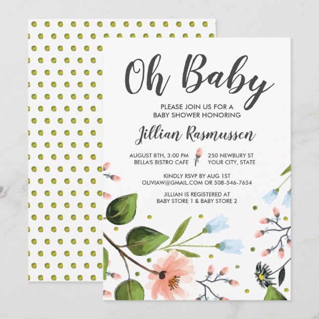Baby shower Invitation Aquarelle Fleurs Oh Bébé (Devant / Derrière)