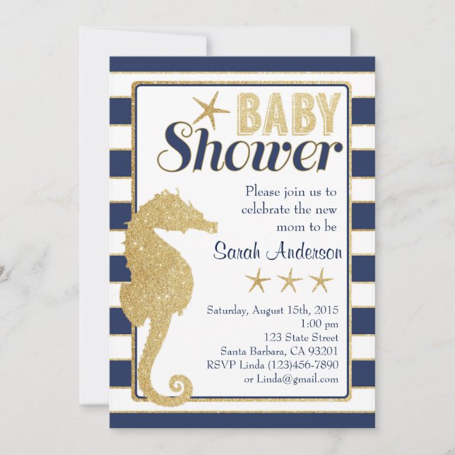 Baby Shower Invitation Beach Theme-Gold Seahorse (Front)