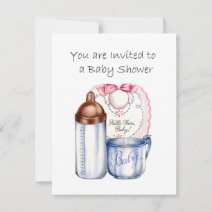 Baby Shower invitation bib, bottle and cup
