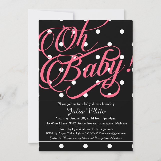 Baby Shower Invitation, Black, White & Pink Dots Invitation (Front)