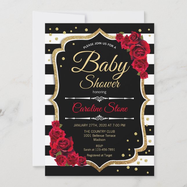 Baby Shower Invitation Black White Stripes Roses (Front)