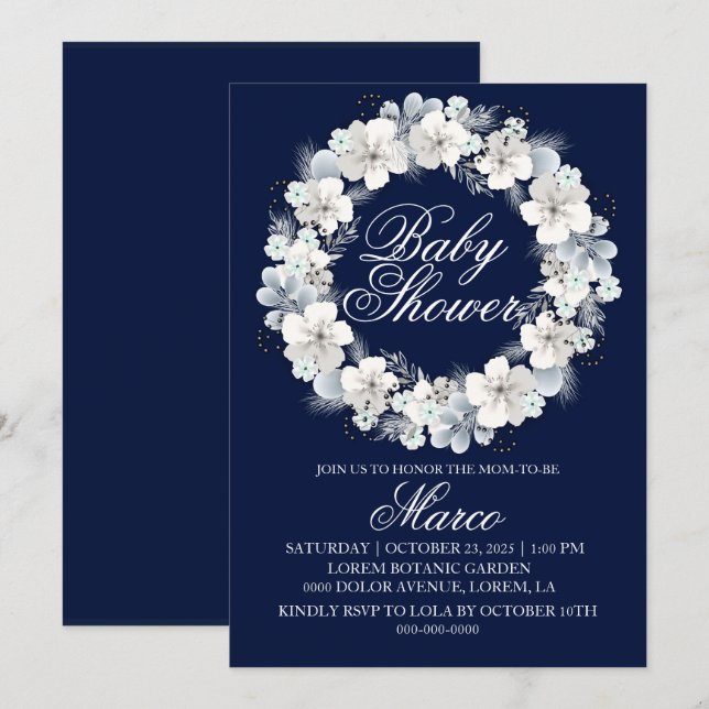 Baby shower invitation blanc sakura marine bleu (Devant / Derrière)