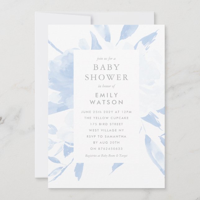 Baby shower Invitation Bleu Floral Aquarelle (Devant)