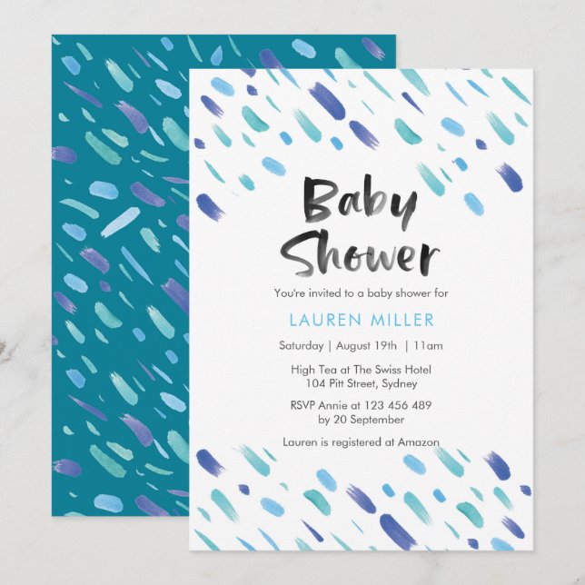 Baby Shower invitation | Blue abstract paint (Front/Back)