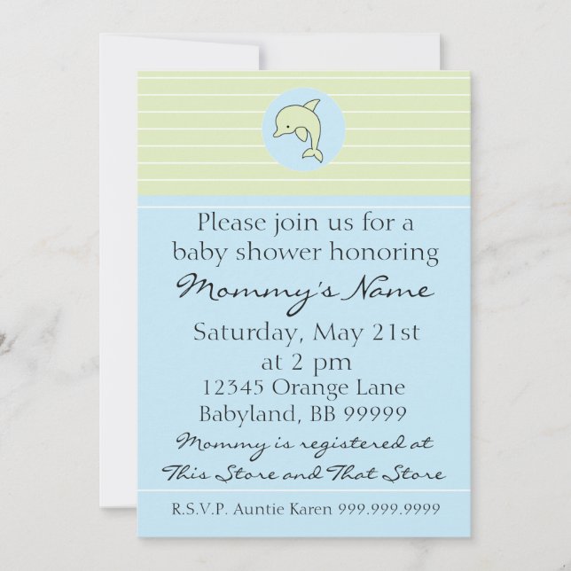 Baby Shower Invitation. Blue Dolphin. 5" x 7" Invitation (Front)