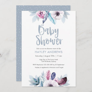 Baby Shower invitation blue purple floral feathers