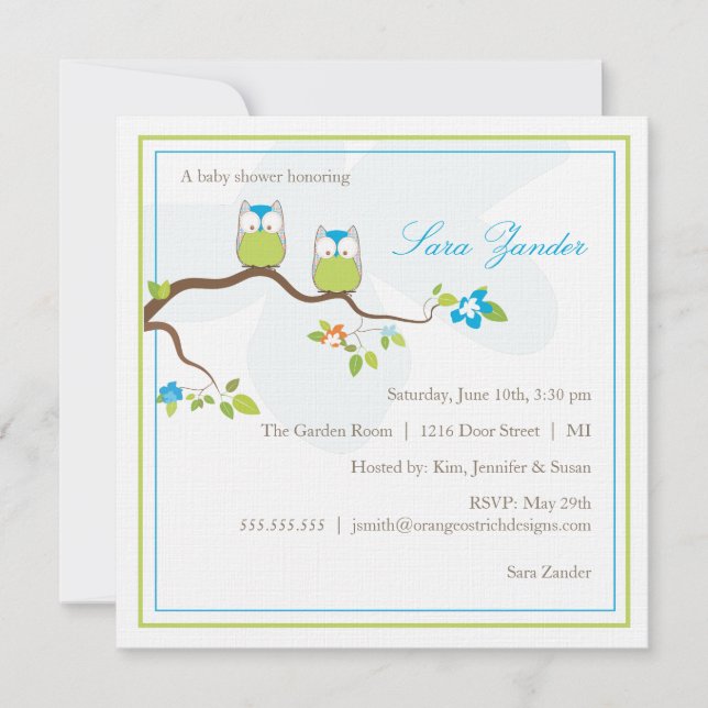 Baby Shower Invitation - Blue Twin Baby Owls (Front)