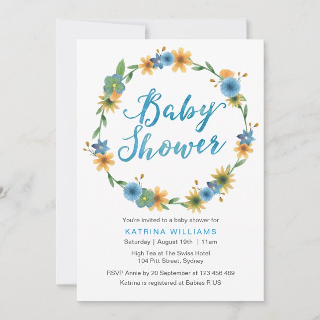 Baby Shower invitation | Blue watercolor flowers (Front)
