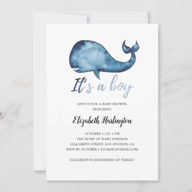 Baby shower invitation. Boy. Blue whale invite (Front)