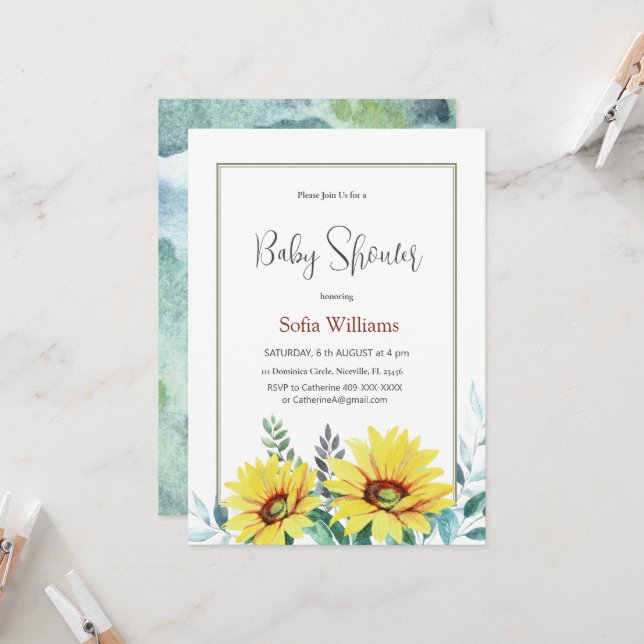 Baby shower invitation card with sunflowers. (Front/Back In Situ)