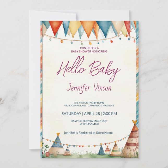 Baby shower Invitation Charme Teepees (Devant)