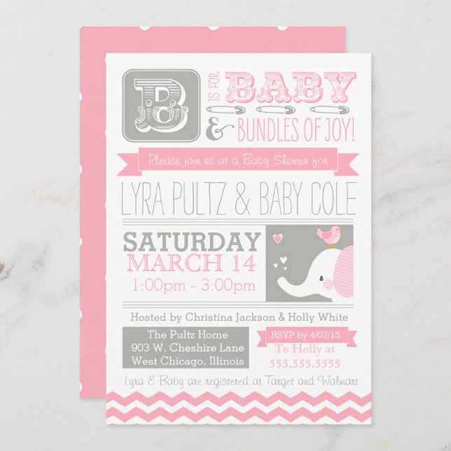 Baby Shower Invitation - Circus Elephant & Chevron (Front/Back)