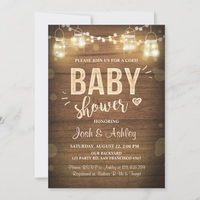 Baby shower invitation Coed Rustic Wood Mason Jars (Front)