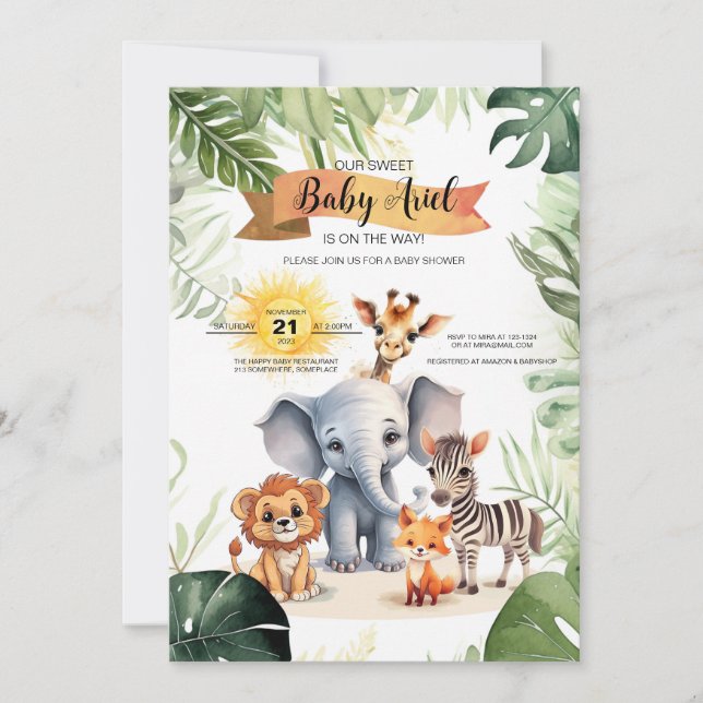 Baby shower invitation cute jungle safari animals (Front)