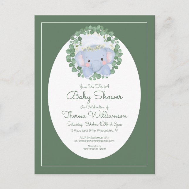 Baby Shower | Invitation de carte postale éléphant (Devant)