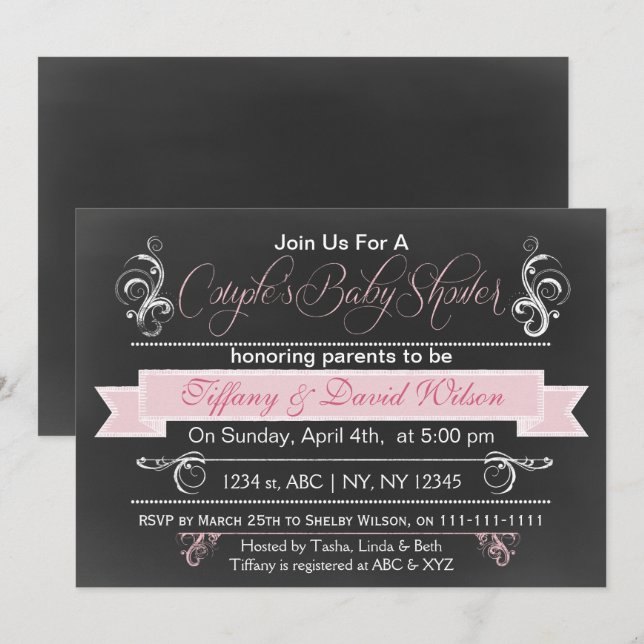 baby shower Invitation de Couple rose palkboard (Devant / Derrière)