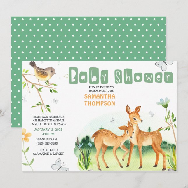 Baby shower Invitation de mignons cerfs garçons (Devant / Derrière)