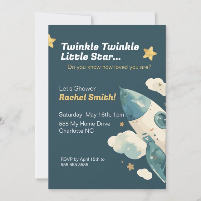 Baby shower Invitation Étoiles et thème spatial (Devant)