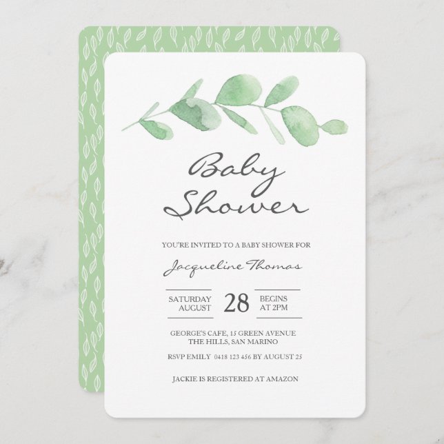 Baby Shower Invitation | Eucalyptus leaf (Front/Back)