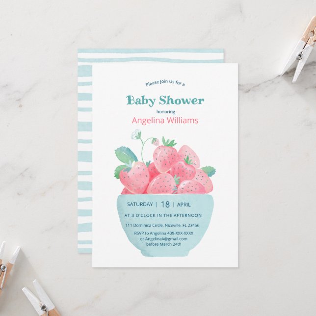 Baby shower invitation featuring cute strawberries (Front/Back In Situ)