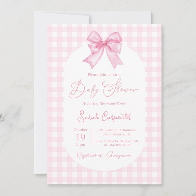 Baby Shower Invitation fille avec arc (Devant)