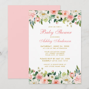 Baby Shower Invitation Fleurie Rose Pâle et Or