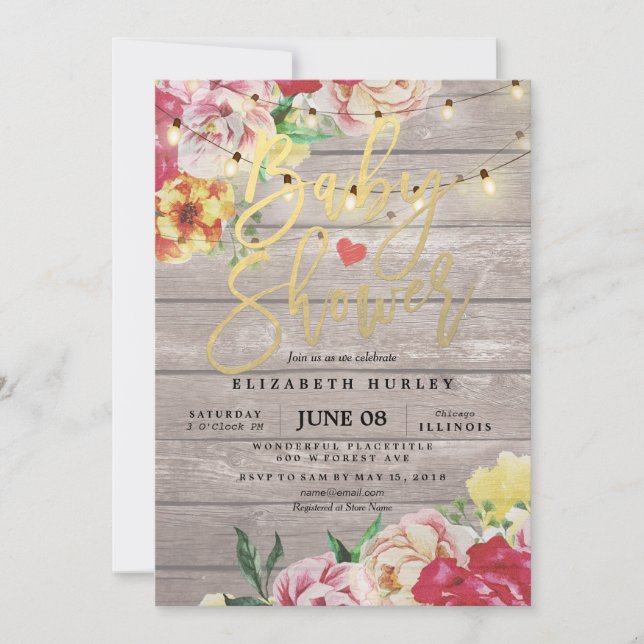 Baby shower Invitation Florale Bois et lampes à co (Devant)