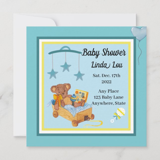 Baby shower Invitation Garçon Teddy Ours Bleu (Devant)